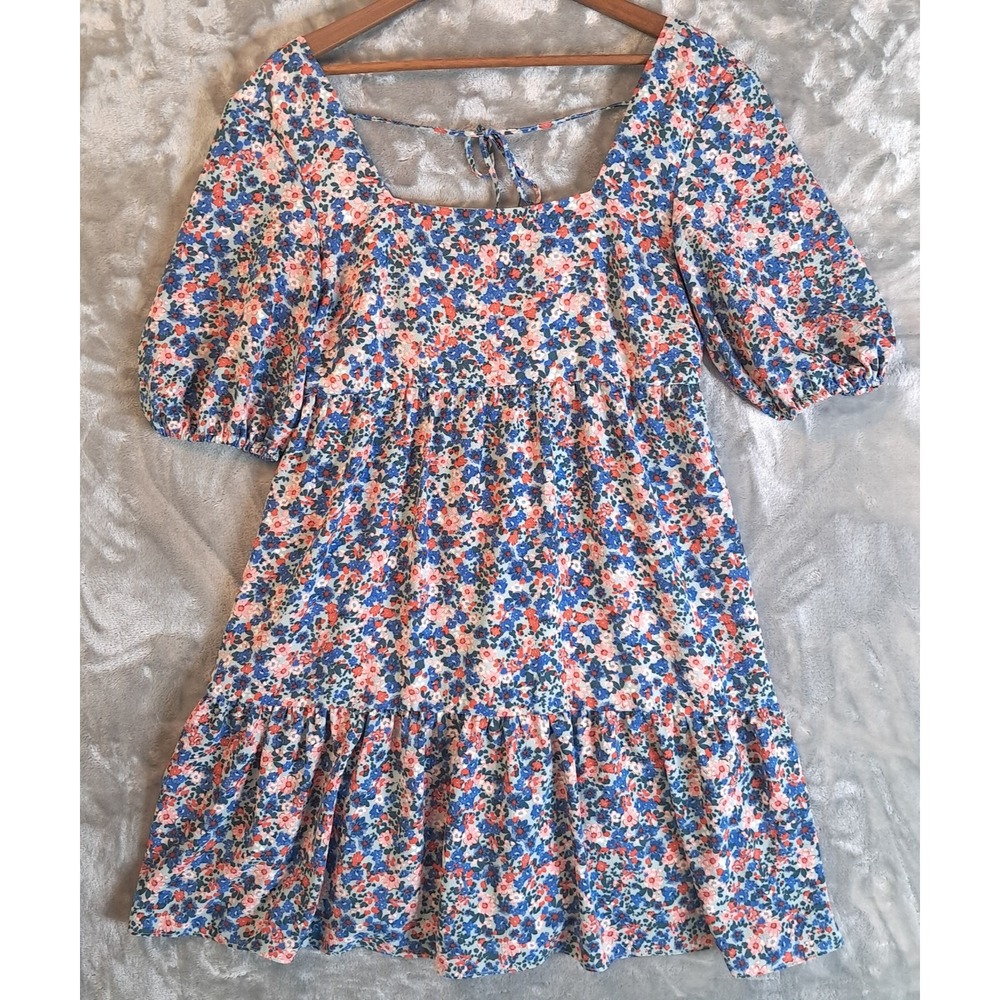 BCBG Paris Floral Puff Sleeve Mini Dress Square Neck Blue Pink Tiered Size M